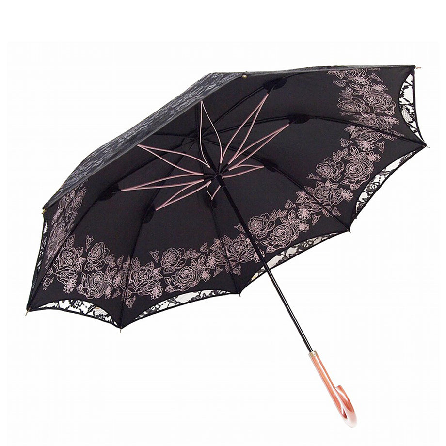 新品 クリアーハンドル シルク100% 上品ボタニカル柄 晴雨兼用パラソル 日傘 晴雨兼用長 ボタニカル柄プリント （傘）｜MOONBAT