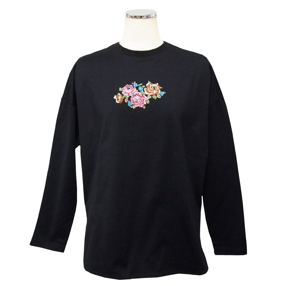 Embroidered drop shoulder long sleeve T-shirt Rose – シェニール織 